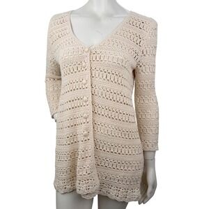 Vintage Handmade Crochet‎ Cardigan Dress Cream Knit Longline Sweater Boho Chic
